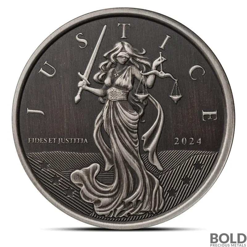 2024 1 oz Gibraltar Lady Justice Silver Coin (Antiqued)