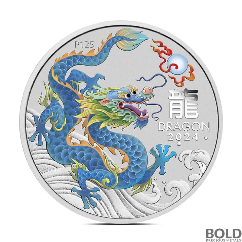 2024 1 oz Perth Lunar Teal Dragon Silver Coin (Colored)