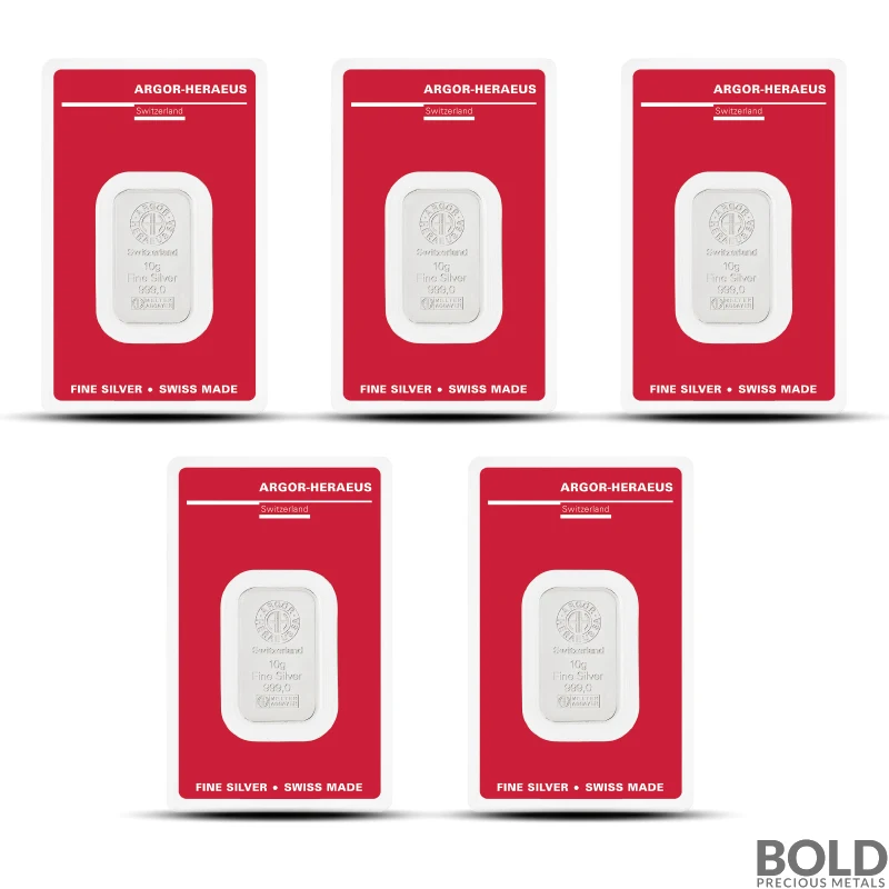 Lot of 5 - 10 Gram Argor Heraeus Silver Bar