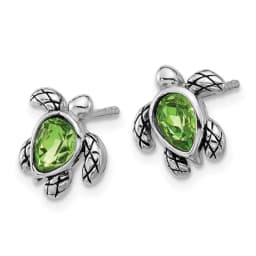 rhodium-plated-polished-and-antiqued-green-crystal-august-birthstone-turtle-earrings-ss