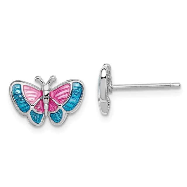 Sterling Silver Rhodium-finished Madi K Polished Pink and Blue Enameled Butterfly Children's Post Earrings