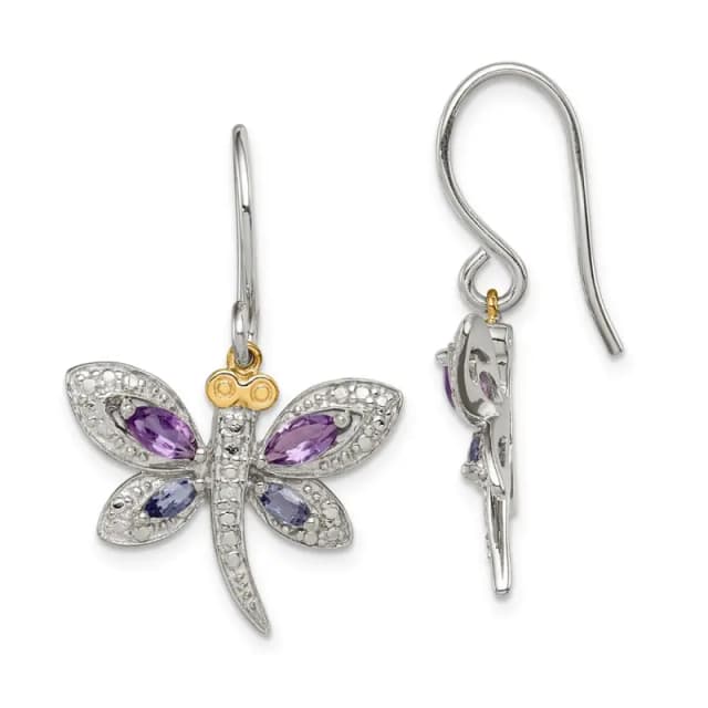 Brilliant Gemstones Sterling Silver with 14K Accent Rhodium-finished Amethyst and Iolite and Diamond Dragonfly Earrings