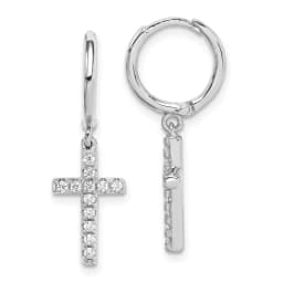 rhodium-plated-cz-cross-dangle-round-hoop-earrings-ss