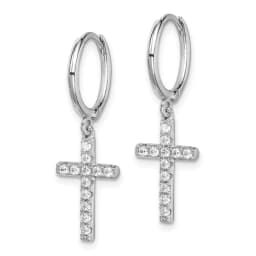 rhodium-plated-cz-cross-dangle-round-hoop-earrings-ss