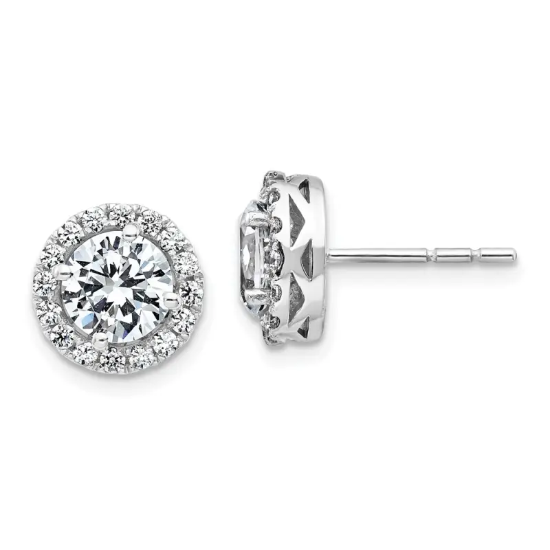 White Gold Round Halo D E F Pure Light Moissanite Earrings