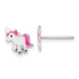 Sterling Silver Rhodium-finished Polished Multi-color Enameled Pink Unicorn Children's Post Earrings