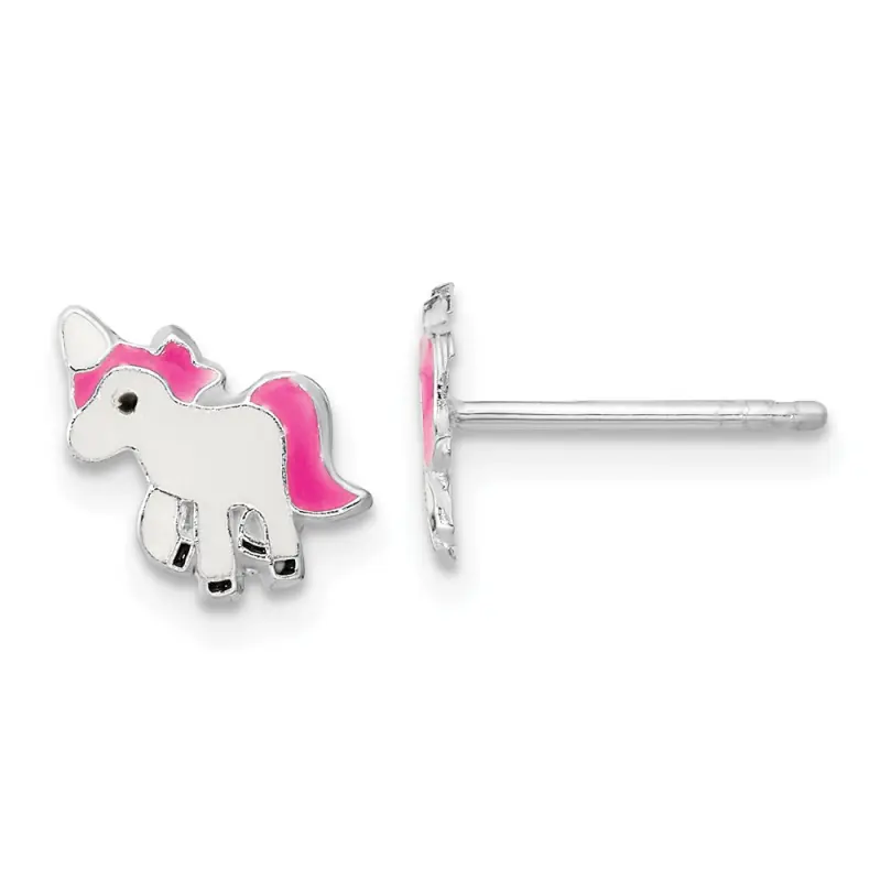 Sterling Silver Rhodium-finished Polished Multi-color Enameled Pink Unicorn Children's Post Earrings