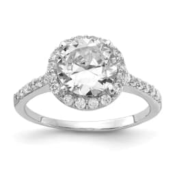 Sterling Silver Rhodium-finished Brilliant-cut CZ Round Halo with Side Stones Ring
