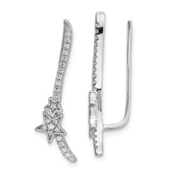 Sterling Silver Rhodium-finished CZ Curved Line and Stars Ear Climber Earrings