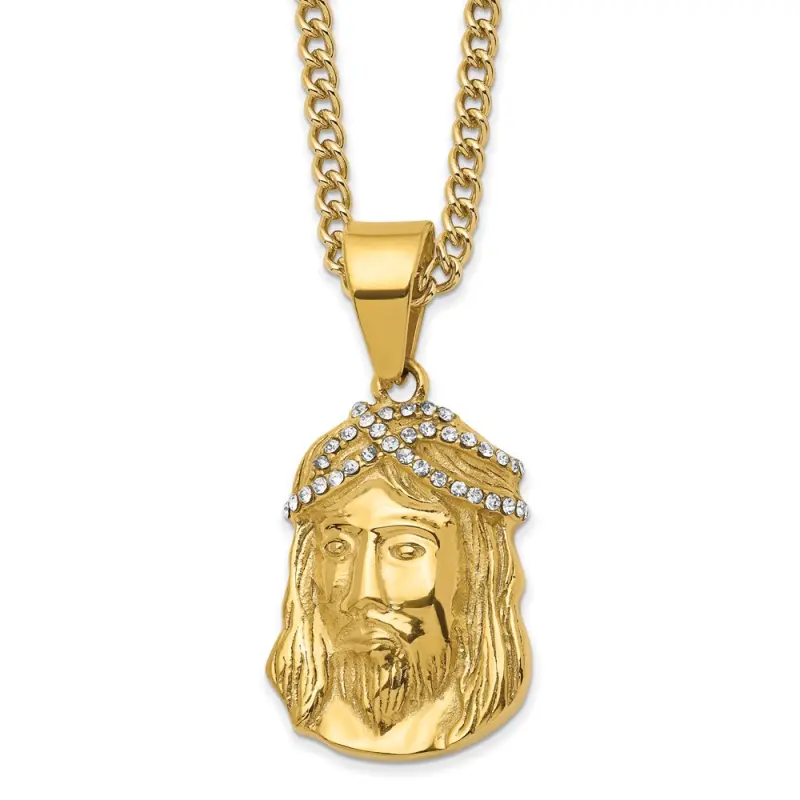 chisel-stainless-steel-polished-yellow-ip-plated-with-crystal-jesus-pendant-on-a-24-inch-curb-chain-necklace