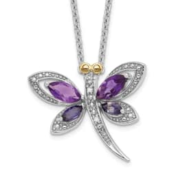 Sterling Silver with 14K Accent Rhodium-finished Amethyst and Iolite and Diamond Dragonfly 18 Inch Necklace with 2 Inch Extender