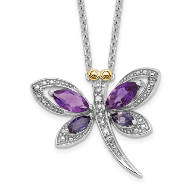 Sterling Silver with 14K Accent Rhodium-finished Amethyst and Iolite and Diamond Dragonfly 18 Inch Necklace with 2 Inch Extender