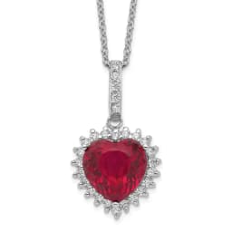 Cheryl M Sterling S Rh-finished 100 Facet Lab Created Ruby and Brilliant-cut White CZ Heart Halo 18 Inch Necklace
