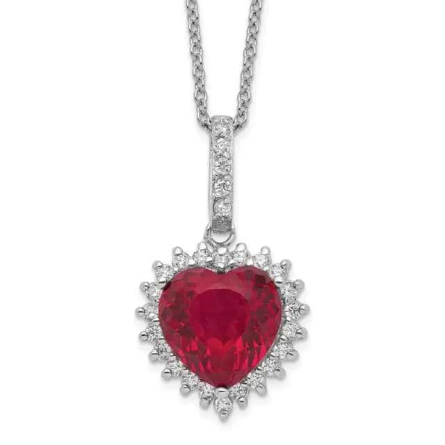 Cheryl M Sterling S Rh-finished 100 Facet Lab Created Ruby and Brilliant-cut White CZ Heart Halo 18 Inch Necklace