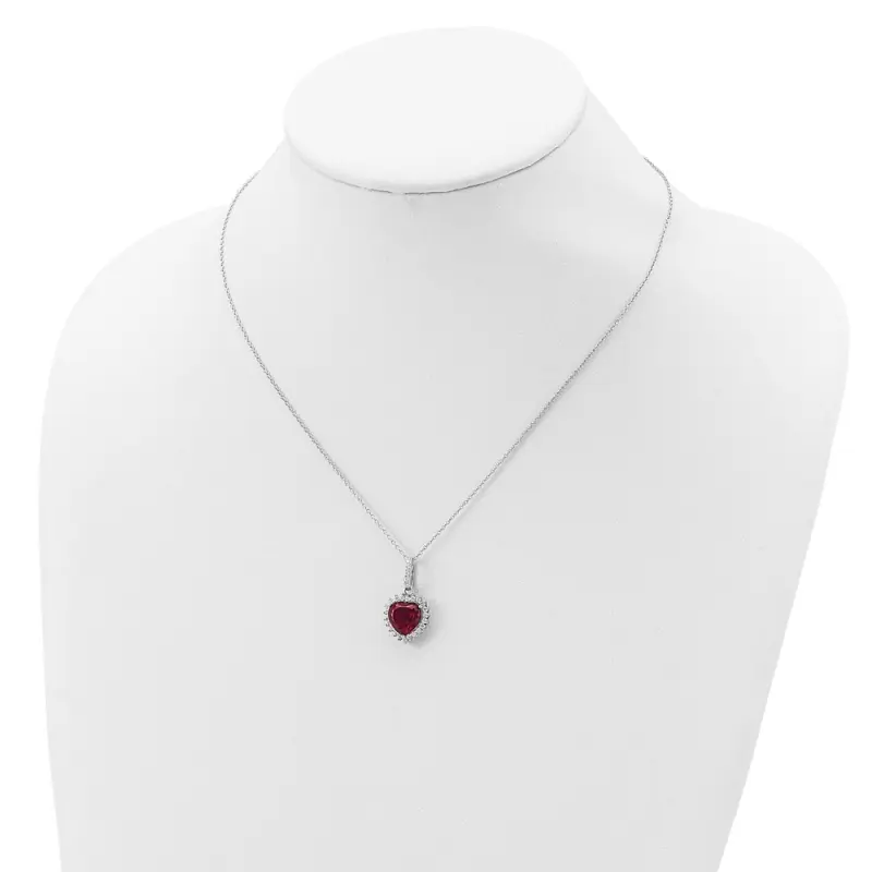 Cheryl M Sterling S Rh-finished 100 Facet Lab Created Ruby and Brilliant-cut White CZ Heart Halo 18 Inch Necklace