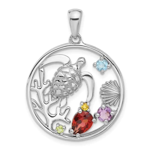 Sterling Silver Rhodium-finished Polished Rainbow Multi-Gemstone Sea Turtle Pendant