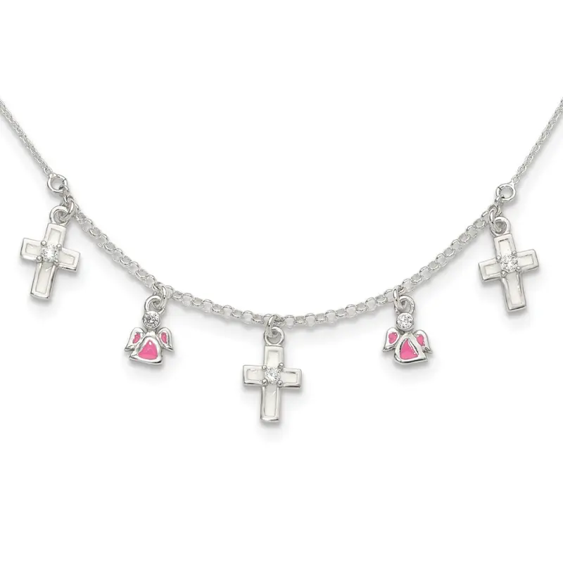 sterling-silver-polished-white-pink-enameled-cz-cross-and-angels-children-s-necklace