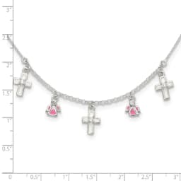 sterling-silver-polished-white-pink-enameled-cz-cross-and-angels-children-s-necklace