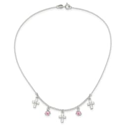 sterling-silver-polished-white-pink-enameled-cz-cross-and-angels-children-s-necklace