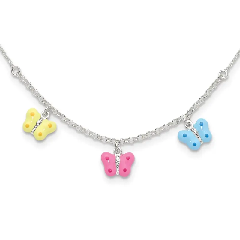 sterling-silver-polished-yellow-pink-and-blue-enameled-three-butterfly-children-s-necklace