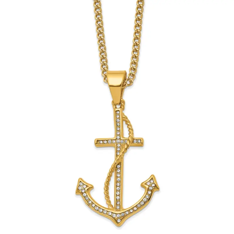 chisel-stainless-steel-polished-yellow-ip-plated-with-crystal-anchor-pendant-on-a-24-inch-curb-chain-necklace