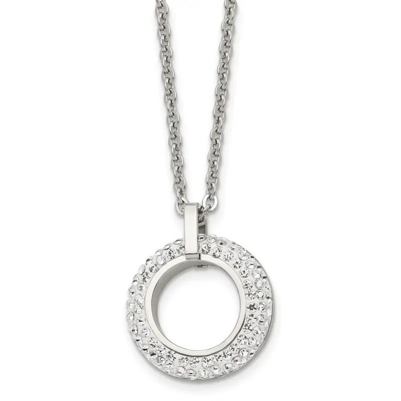 chisel-stainless-steel-polished-white-enameled-with-crystals-open-circle-pendant-on-an-18-inch-cable-chain-necklace