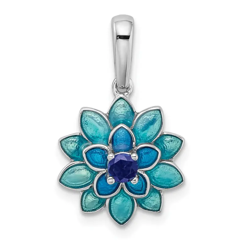 sterling-silver-rhod-pltd-created-sapphire-and-enamel-flower-pendant