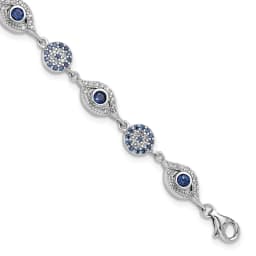 Sterling Silver RH-finished Blue White CZ Evil Eye 7.25in w/1.5in ext. Bracel