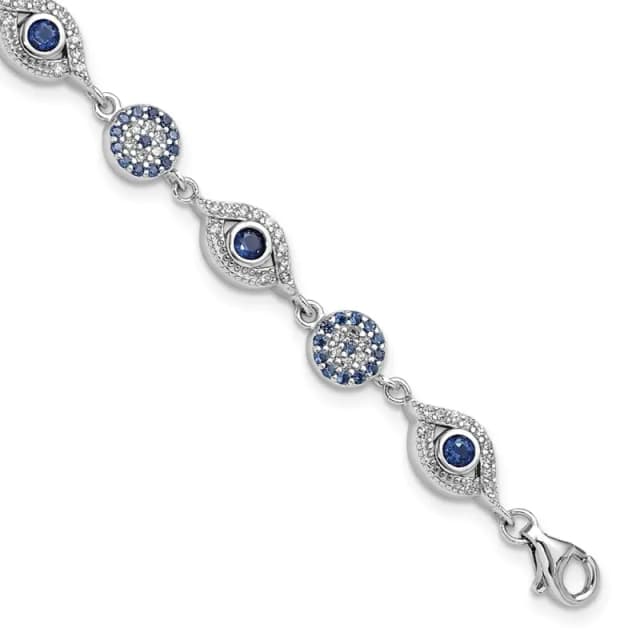 Sterling Silver RH-finished Blue White CZ Evil Eye 7.25in w/1.5in ext. Bracel