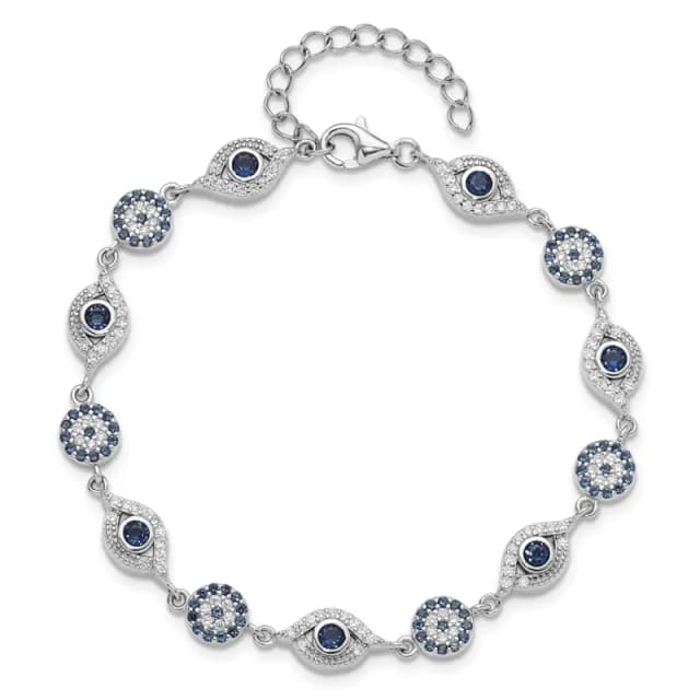 Sterling Silver RH-finished Blue White CZ Evil Eye 7.25in w/1.5in ext. Bracel