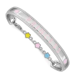 sterling-silver-rhodium-plated-polished-beaded-multi-color-enameled-flowers-hearts-princess-with-chain-baby-bangle