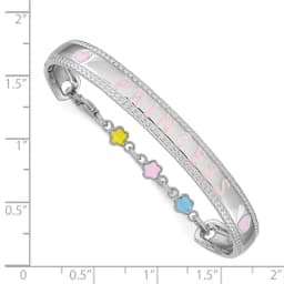sterling-silver-rhodium-plated-polished-beaded-multi-color-enameled-flowers-hearts-princess-with-chain-baby-bangle