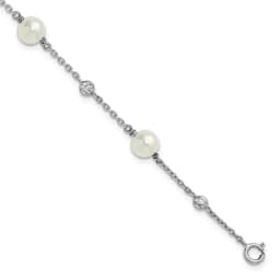 Sterling Silver Rhodium-finished Polished CZ and Shell Pearl 8-Station 7 inch with 0.5 inch Extender Bracelet