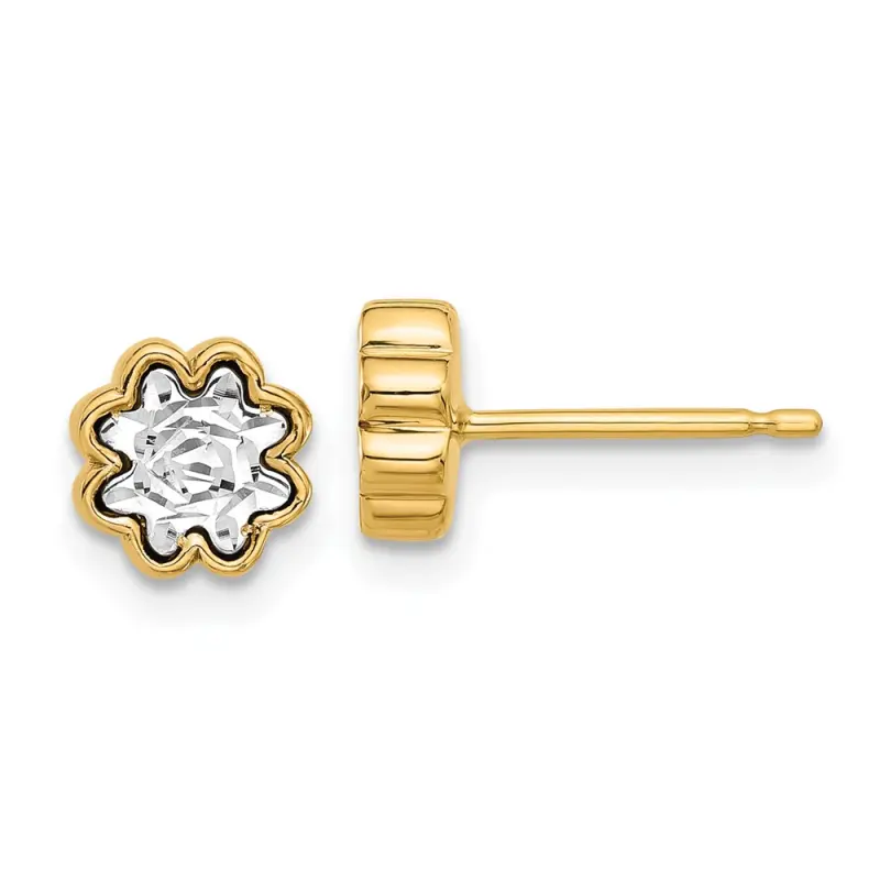 14k-two-tone-polished-and-diamond-cut-flower-post-earrings