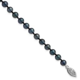 14k White Gold 5-6mm Black Round Saltwater Akoya Cultured Pearl 8 inch Bracelet