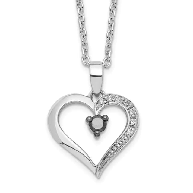 White Night Sterling Silver Rhodium-finished Black and White Diamond Heart 18 Inch Necklace with 2 Inch Extender
