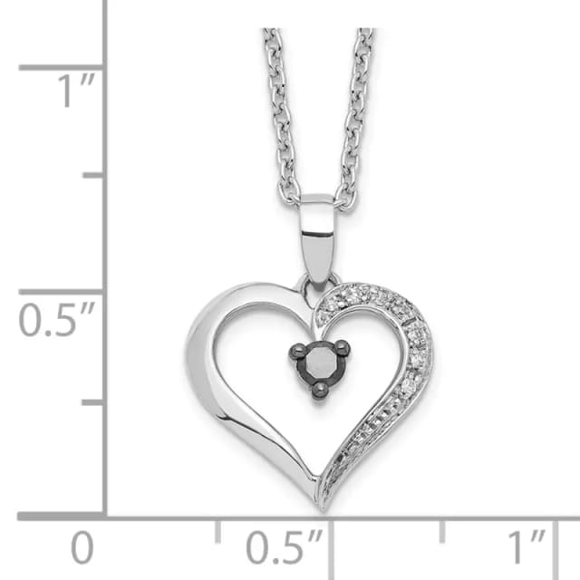 White Night Sterling Silver Rhodium-finished Black and White Diamond Heart 18 Inch Necklace with 2 Inch Extender
