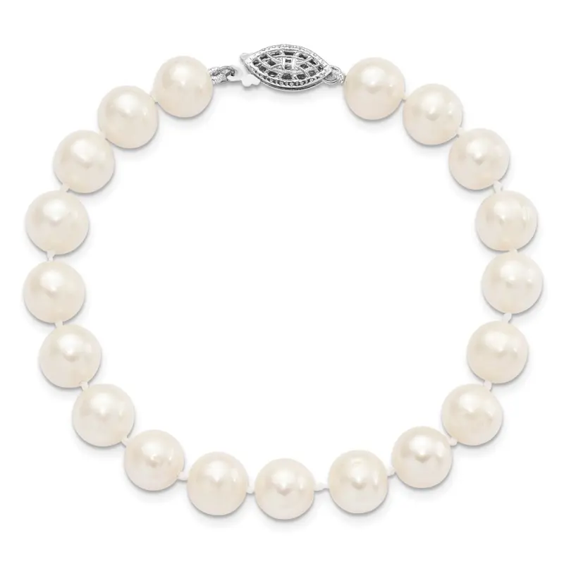 Sterling Silver Rhodium-finished 8-9mm White Near Round Freshwater Cultured Pearl 8.25 inch Bracelet