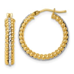 14k-two-tone-polished-and-diamond-cut-and-beaded-hoop-earrings