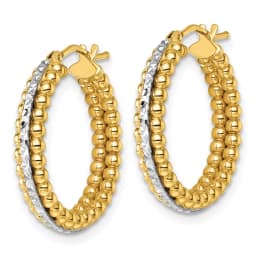 14k-two-tone-polished-and-diamond-cut-and-beaded-hoop-earrings