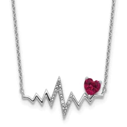 Cheryl M Sterling Silver Rhodium Finished Polished Lab Created Ruby and CZ Heartbeat Necklace