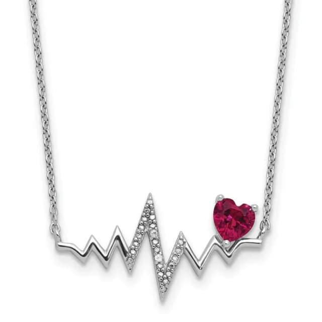 Cheryl M Sterling Silver Rhodium Finished Polished Lab Created Ruby and CZ Heartbeat Necklace