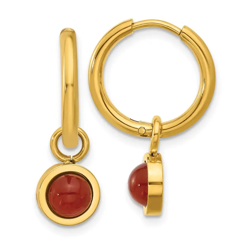 Chisel Stainless Steel Polished Yellow IP-plated with Removeable Red Jade Dangle Hinged Hoop Earrings