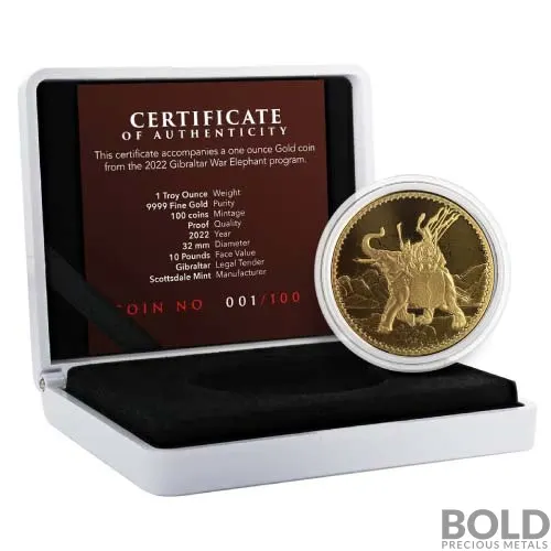 2022 Gibraltar Royal Arms of England: War Elephant Gold 1 oz BU