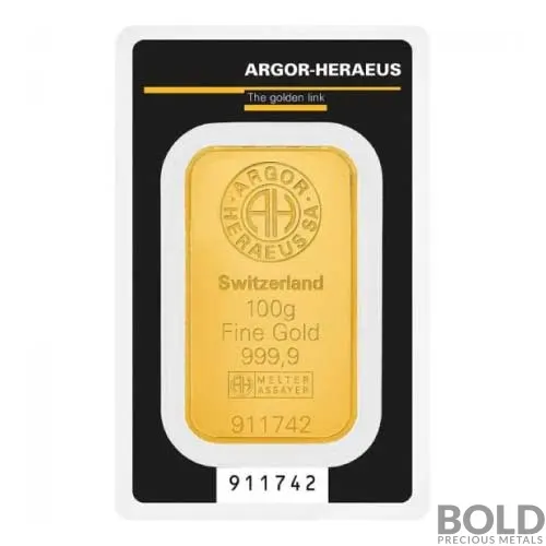Argor-Heraeus Gold Kinebar 100 Gram Bar (In Assay)