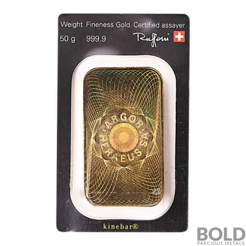 Argor-Heraeus Gold Kinebar 50 Gram Bar (In Assay)