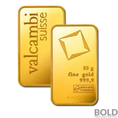 Valcambi Gold 50 Gram Mint Bar