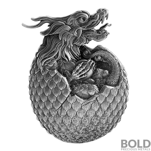 2022 Chad Hatched Chinese Dragon 2 oz Silver HR Antiqued