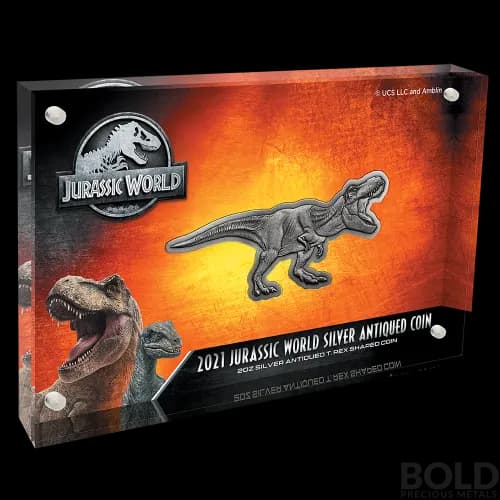 2021 Niue Jurassic World T-Rex Shaped 2 oz Silver Antiqued