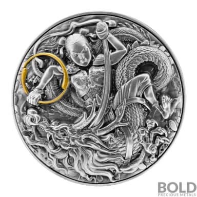 2021 Niue Ne Zha Kills The Dragon King's Son 2 oz Silver HR Antiqued